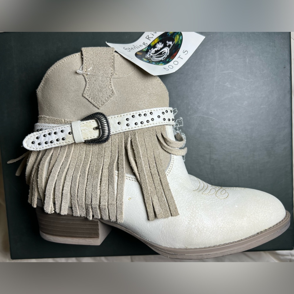 Leather Western Fringe Ankle Festival Boots Cream Studded Sterling River 10M
